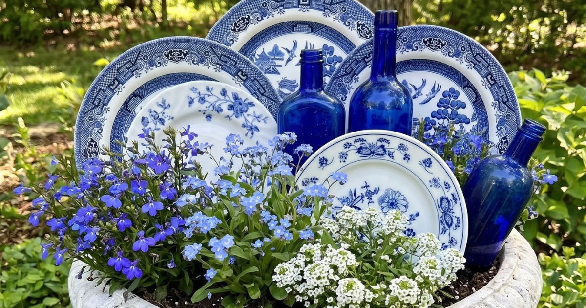 Vintage blue bottles and plates inside of a concrete planter with blue and white flowers