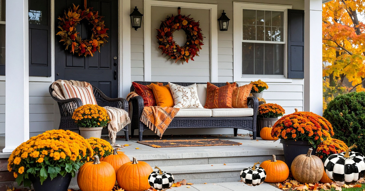 Autumn porch with orange flowers and pumpkins
